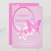 Invitation Filles papillon mignonnes Anniversaire rose (Devant / Derrière)