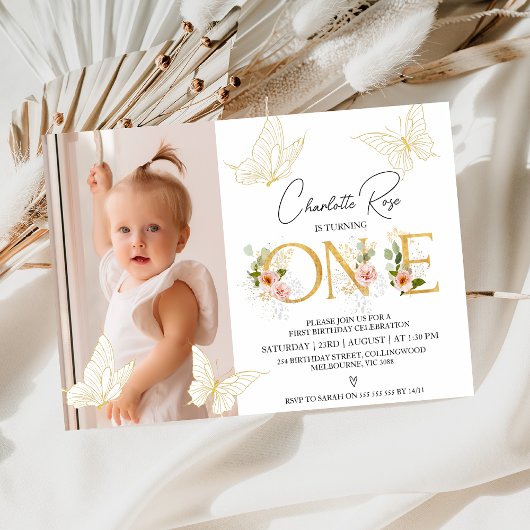 Invitation Filles Papillons rose or Floral 1er anniversaire