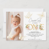 Invitation Filles Papillons rose or Floral 1er anniversaire (Devant)