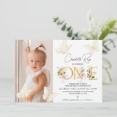 Invitation Filles Papillons rose or Floral 1er anniversaire (Debout devant)