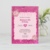 Invitation Filles Parties scintillant rose Floral 10e fête d' (Debout devant)