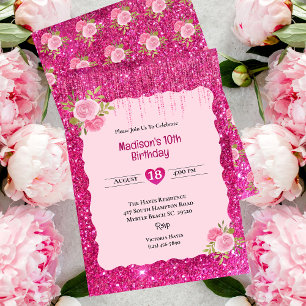 Invitation Filles Parties scintillant rose Floral 10e fête d'
