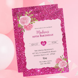 Invitation Filles Parties scintillant rose Floral 10e fête d'