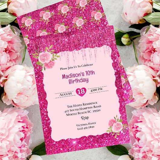 Invitation Filles Parties scintillant rose Floral 10e fête d'