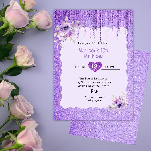 Invitation Filles Parties scintillant violet Floral 10e fête 