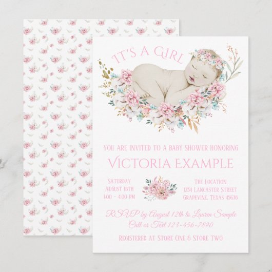 Invitation Filles Pastel Aquarelle Baby shower Floral (Devant / Derrière)