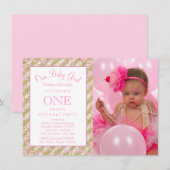 Invitation Filles Photo 1er anniversaire fête Pink Gold Confe (Devant / Derrière)