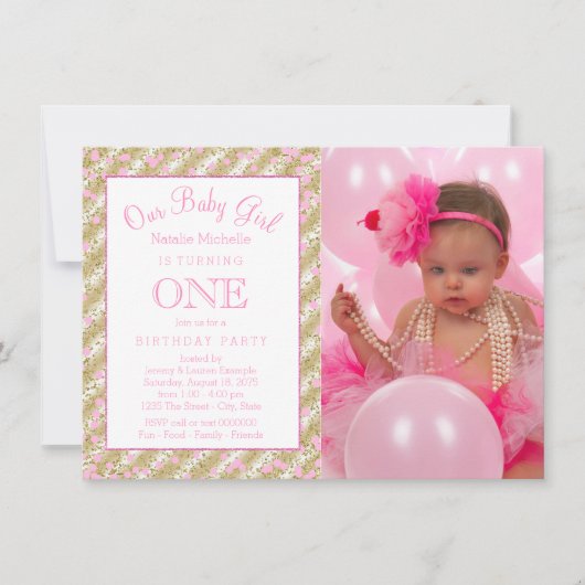 Invitation Filles Photo 1er anniversaire fête Pink Gold Confe (Devant)