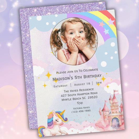 Invitation Filles Photo Arc-en-ciel Parties scintillant 5e an
