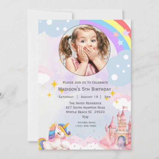 Invitation Filles Photo Arc-en-ciel Parties scintillant 5e an (Devant)