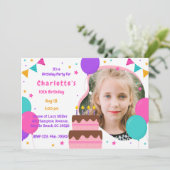 Invitation Filles Photo mignonne rose violet fête d'anniversa (Debout devant)