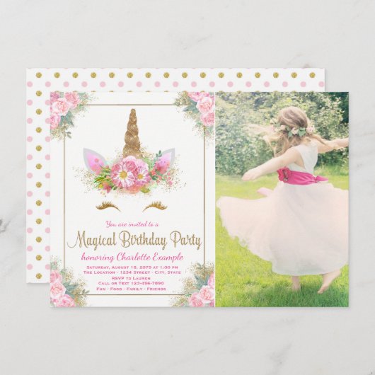 Invitation Filles Photo Unicorn Visage Anniversaire Fête Invi (Devant / Derrière)