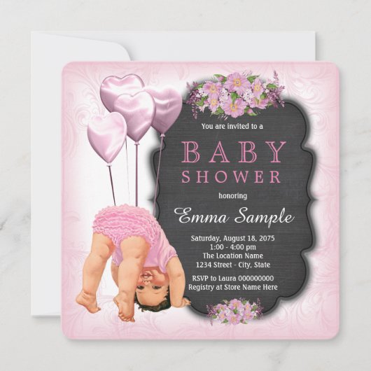 Invitation Filles Pink Chalkboard Bas Baby shower (Devant)