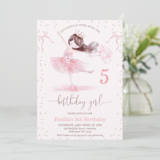 Invitation Filles Pink Dance Twirl avec Anniversaire Fille An (Debout devant)