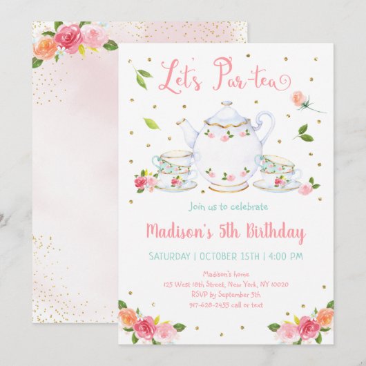 Invitation Filles Pink Gold Floral Tea Party Anniversaire (Devant / Derrière)
