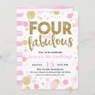 Invitation Fille's Pink & Gold Quatre & Fabuleux 4e anniversa