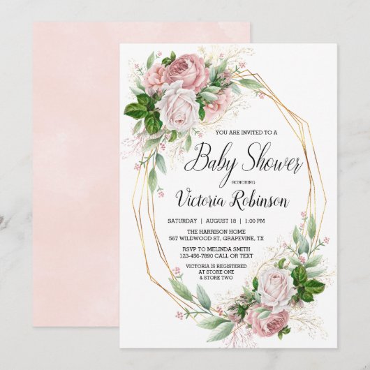Invitation Filles Pink Gold Rose Baby shower d'aquarelle mode (Devant / Derrière)