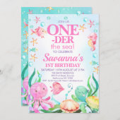 Invitation Filles Pink Octopus Oneder La Mer 1er Anniversaire (Devant / Derrière)