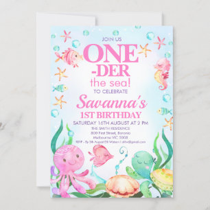 Invitation Filles Pink Octopus Oneder La Mer 1er Anniversaire