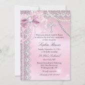 Invitation Filles Pink Pearl Bow Croix Sainte Communion (Devant)