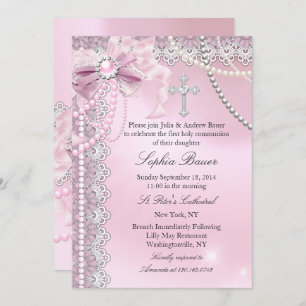 Invitation Filles Pink Pearl Bow Croix Sainte Communion