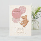 Invitation Filles Pink Plaid Teddy Baby shower Ours (Debout devant)
