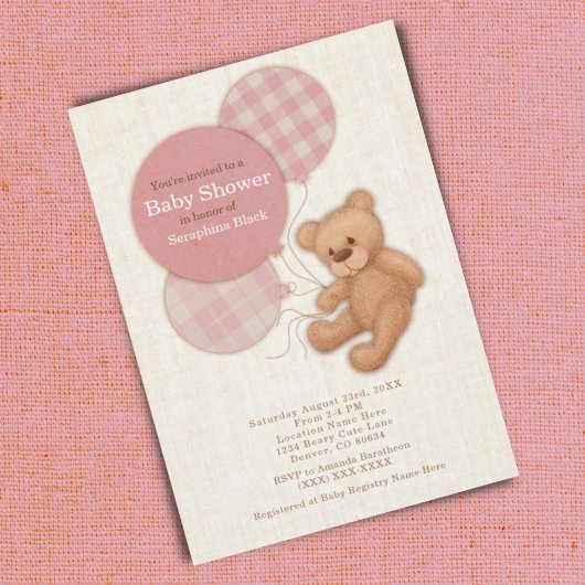 Invitation Filles Pink Plaid Teddy Baby shower Ours