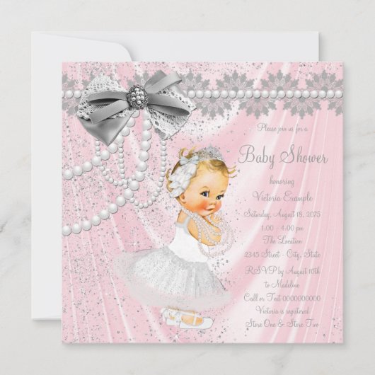 Invitation Filles Pink Satin Pearl Petit Baby shower-Dame (Devant)