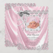 Invitation Filles Pink Satin Photo Baptême Christening (Devant / Derrière)