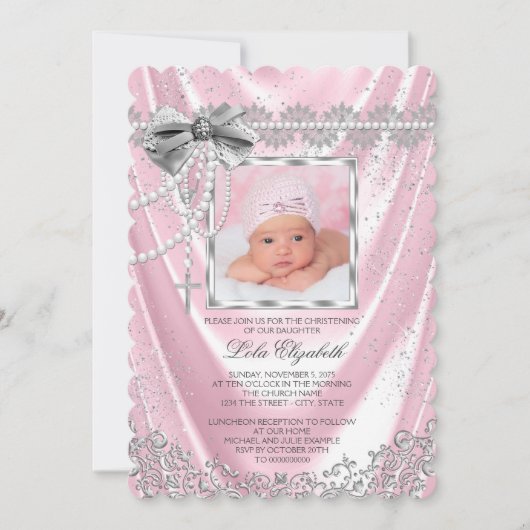 Invitation Filles Pink Satin Photo Baptême Christening (Devant)