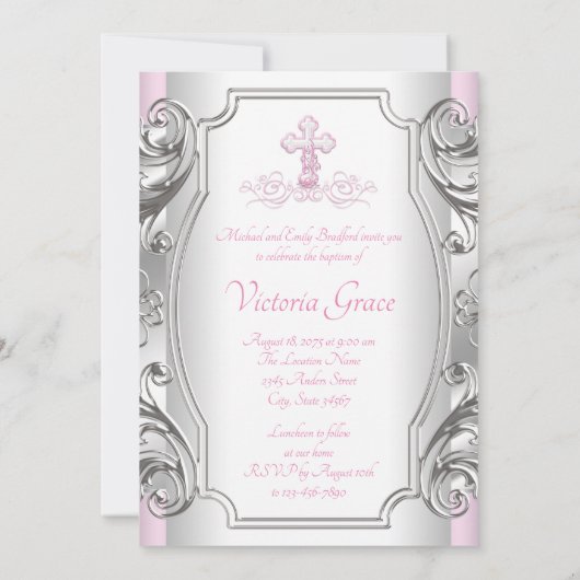 Invitation Filles Pink Silver Cross Fille Baptême Christening (Dos)