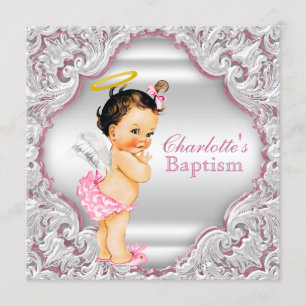 Invitation Filles Pink White Angel Girl Baby Baptism