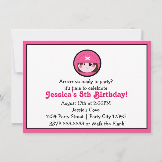 Invitation Filles Pirate Rose Brown cheveux Anniversaire Invi (Devant)