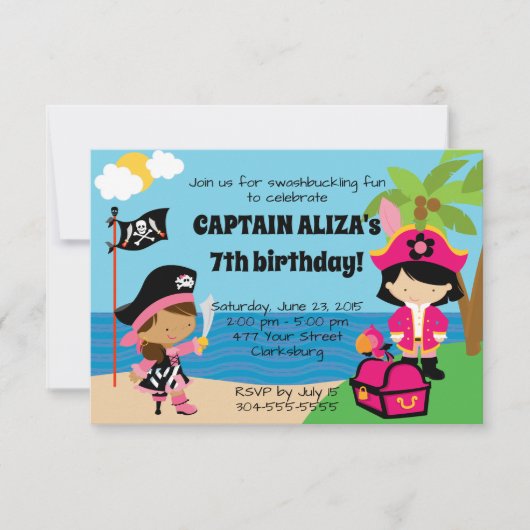 Invitation Filles pirates fête d'anniversaire (Devant)