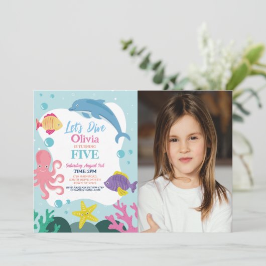 Invitation Filles Plongeons Cinq 5ème Dauphin Rose Mer Photo (Debout devant)
