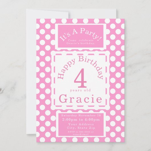 Invitation Filles Pois roses Anniversaire Fête Personnalisabl (Devant)