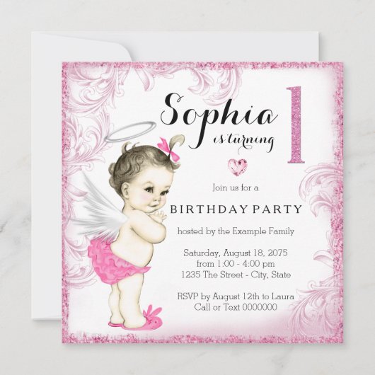 Invitation Filles Premier anniversaire fête Ange rose (Devant)