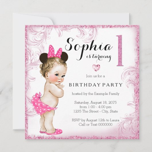 Invitation Filles Premier Anniversaire Fête Pink Swirl (Devant)