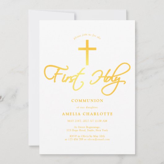 Invitation Filles Première Communion Blanc et Jaune (Devant)
