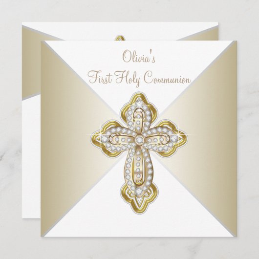 Invitation Filles Première communion blanche et or (Devant / Derrière)