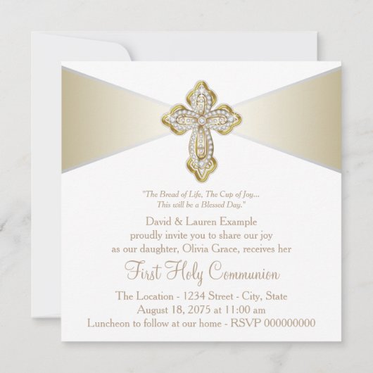 Invitation Filles Première communion blanche et or (Dos)