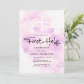 Invitation Filles Première Sainte Communion Aquarelle rose do (Debout devant)