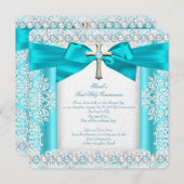 Invitation Filles Première Sainte Communion Blanc Turquoise P (Devant / Derrière)