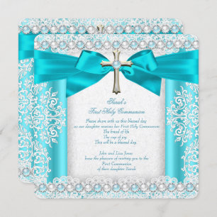 Invitation Filles Première Sainte Communion Blanc Turquoise P