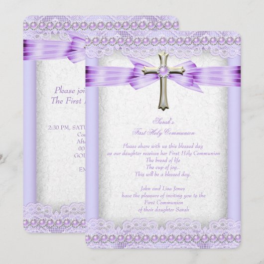 Invitation Filles Première Sainte Communion Croix Jolie Lavan (Devant / Derrière)