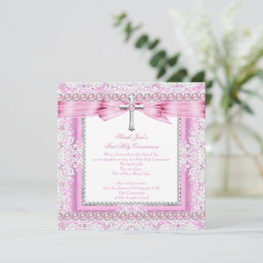 Invitation Filles première sainte communion Croix jolie perle (Debout devant)