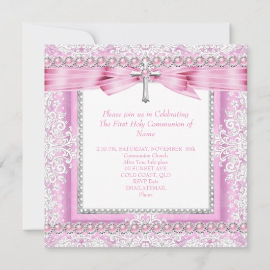 Invitation Filles première sainte communion Croix jolie perle (Dos)