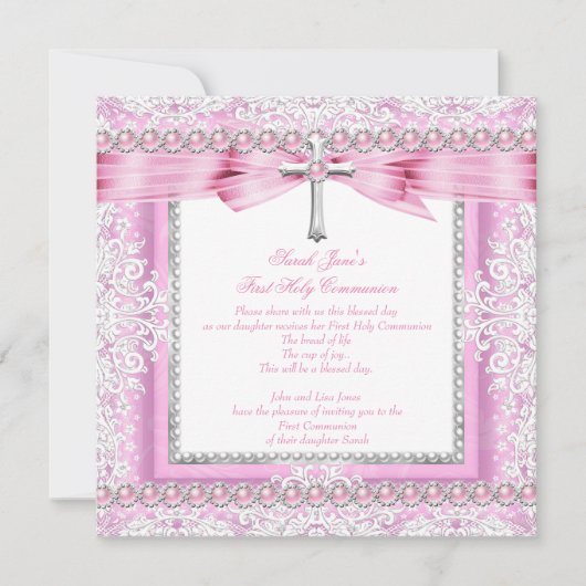 Invitation Filles première sainte communion Croix jolie perle (Devant)