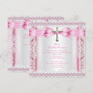 Invitation Filles Première Sainte Communion Croix Plutôt rose