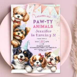 Invitation Filles Puppy Pawty Party 3ème anniversaire Invitat